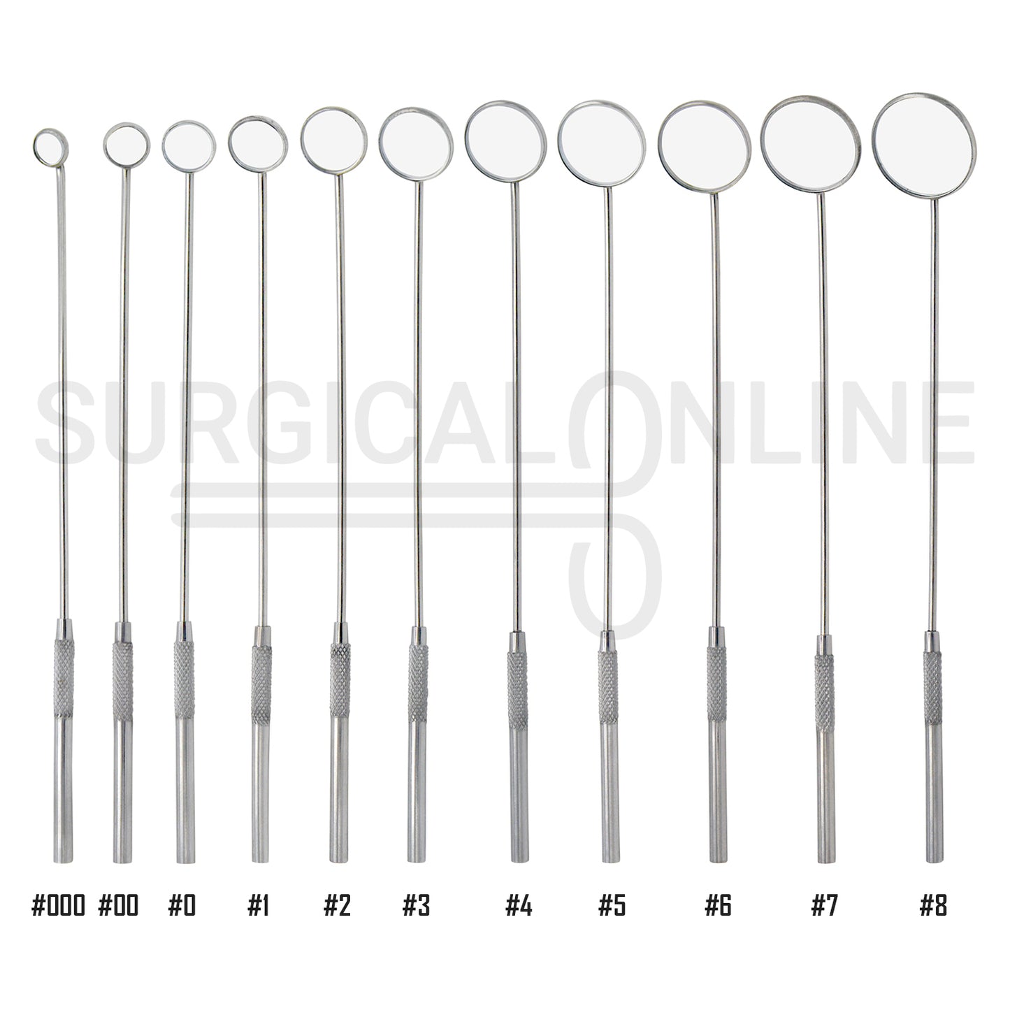 11 Pcs Laryngeal Mirrors #000–#8 Angled Mirror With Long Grip Handle Set