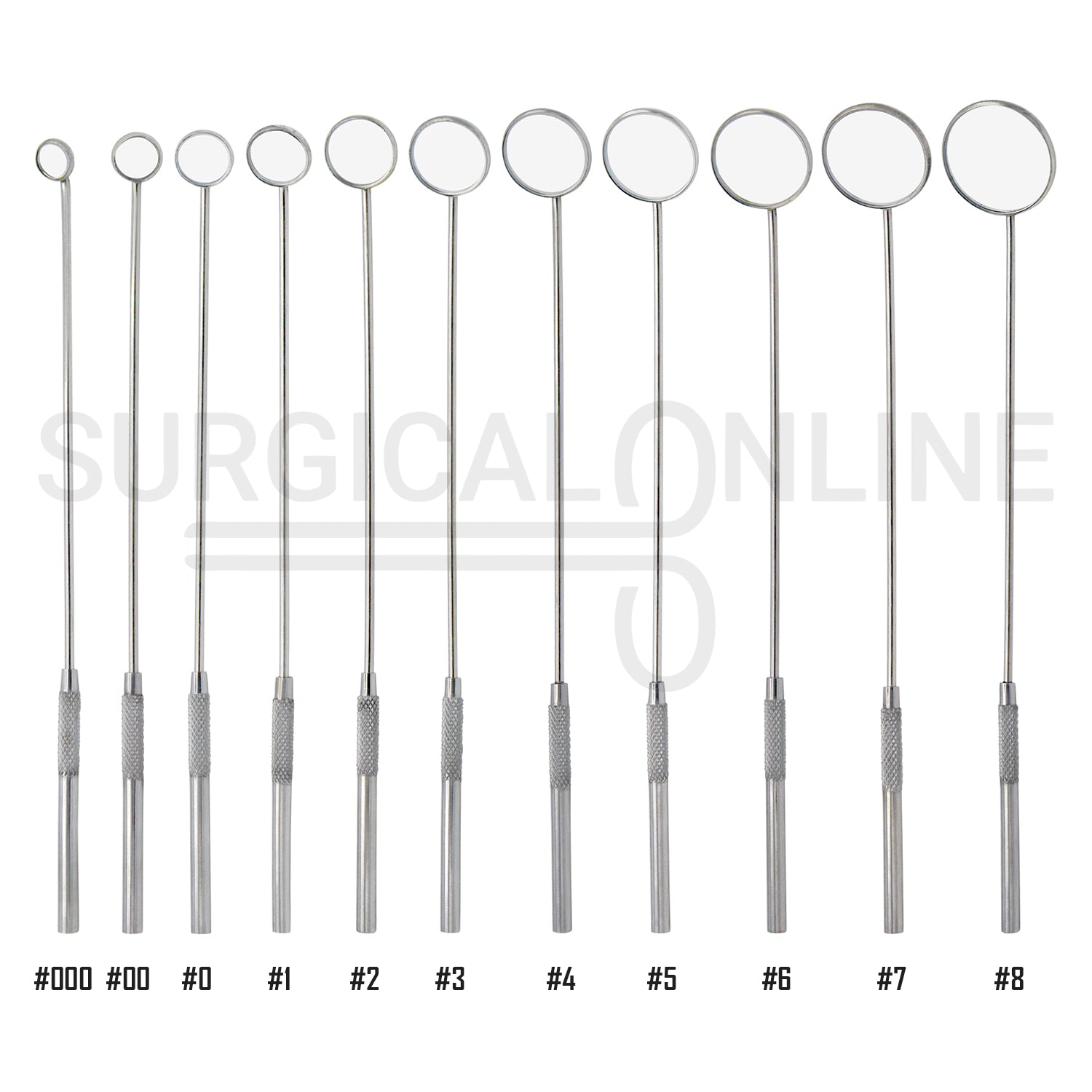 11 Pcs Laryngeal Mirrors #000–#8 Angled Mirror With Long Grip Handle Set