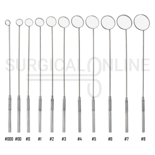 11 Pcs Laryngeal Mirrors #000–#8 Angled Mirror With Long Grip Handle Set