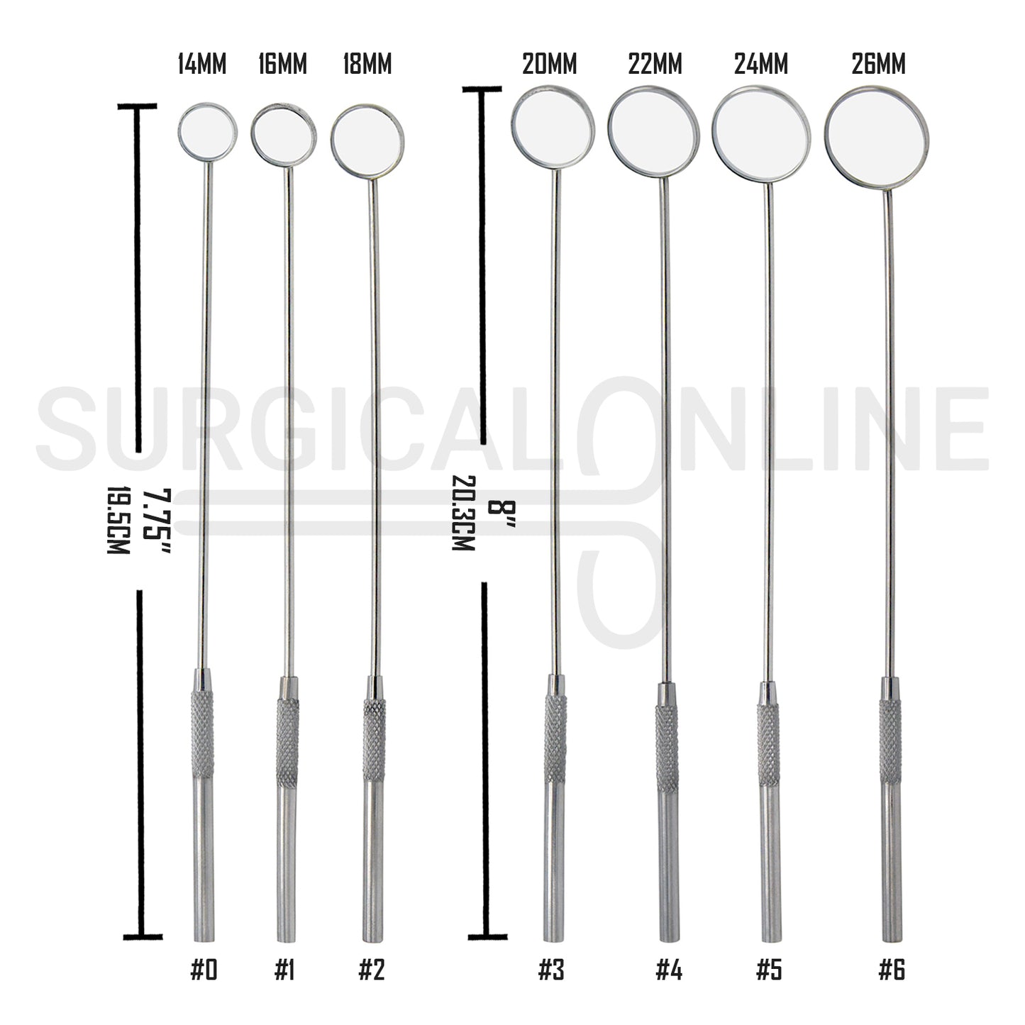 7 Pcs Laryngeal Mirrors #0–#6 Angled Mirror With Long Grip Handle Set