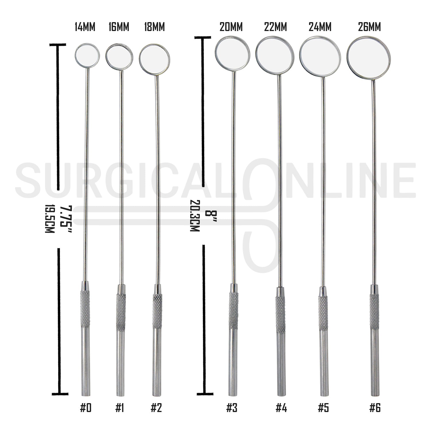 7 Pcs Laryngeal Mirrors #0–#6 Angled Mirror With Long Grip Handle Set
