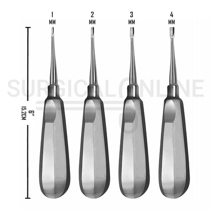 4 Pcs Winged Dental Elevator 1, 2, 3 & 4mm Tips 6″ Standard Handle Set