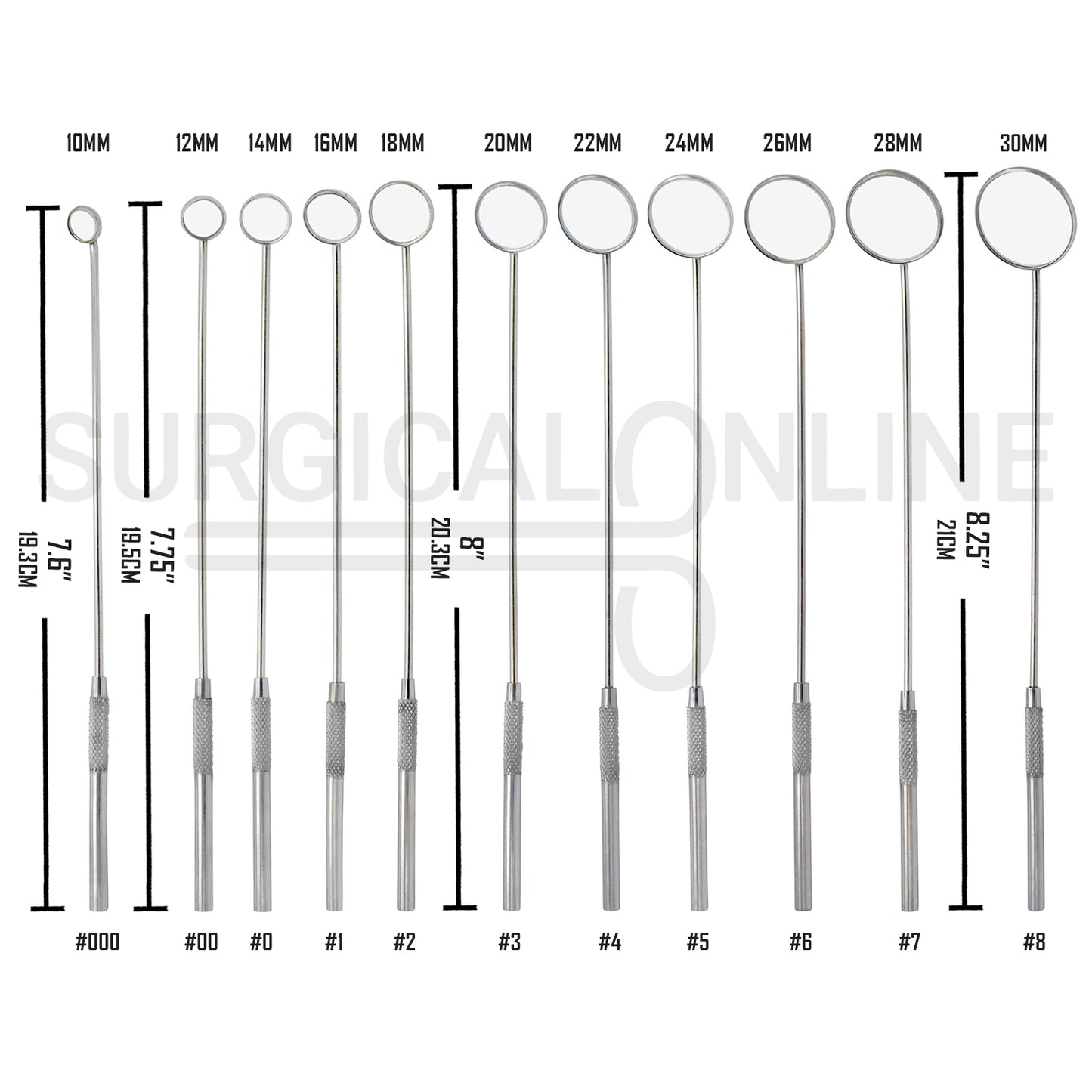 11 Pcs Laryngeal Mirrors #000–#8 Angled Mirror With Long Grip Handle Set