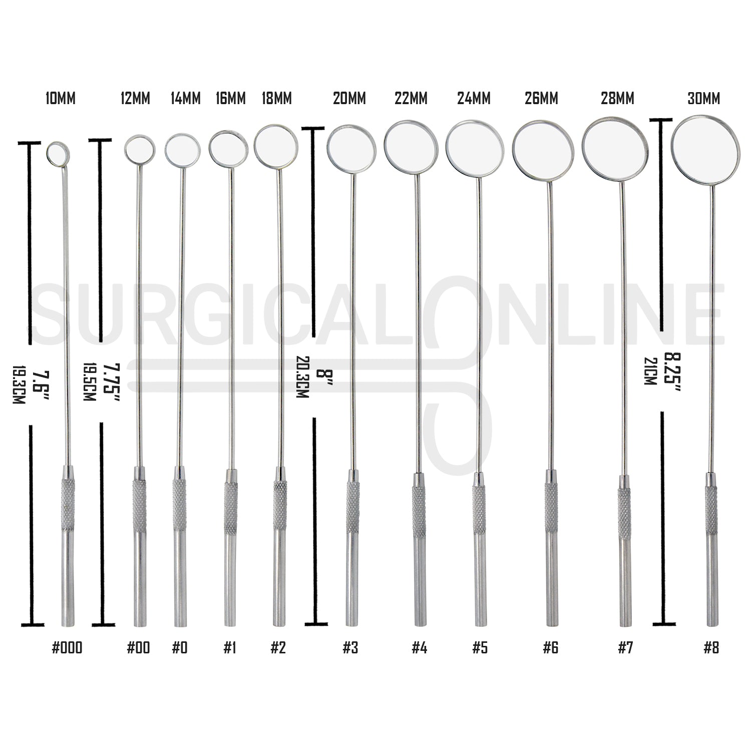 11 Pcs Laryngeal Mirrors #000–#8 Angled Mirror With Long Grip Handle Set
