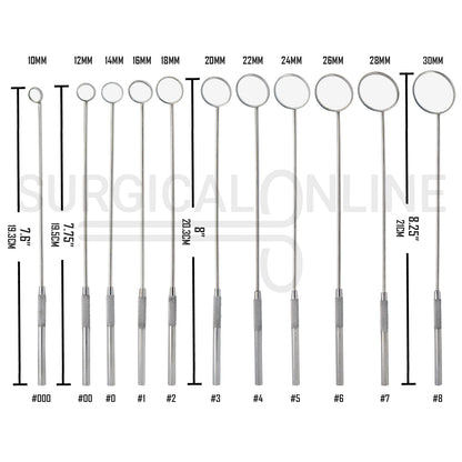 11 Pcs Laryngeal Mirrors #000–#8 Angled Mirror With Long Grip Handle Set