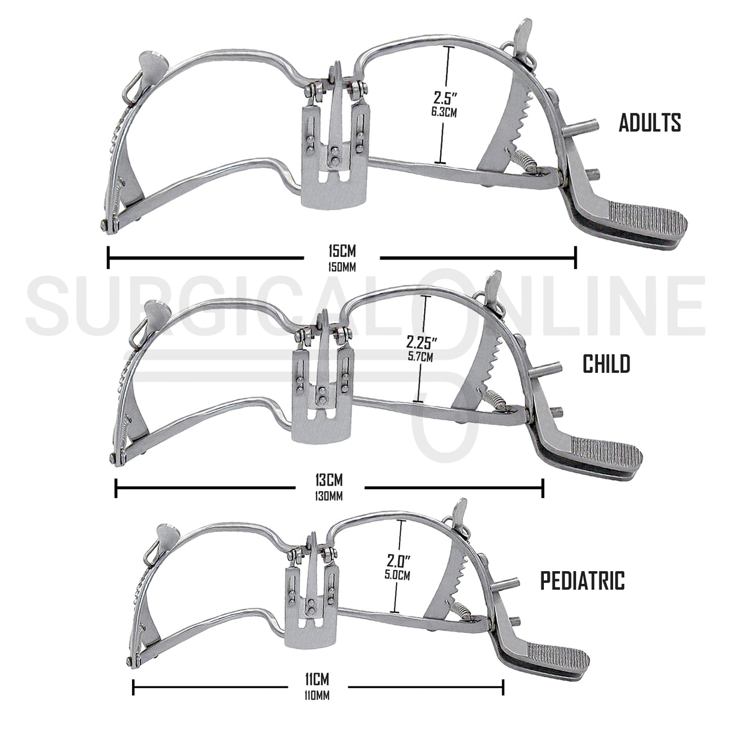 3 Pcs Whitehead Mouth Gag With Tongue Depressor 11cm, 13cm & 15cm Set
