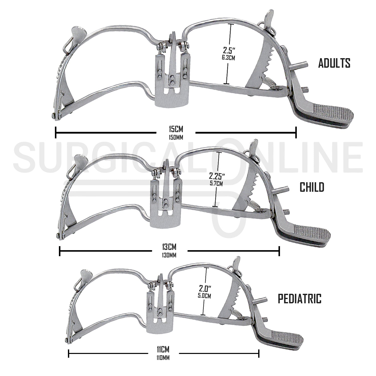 3 Pcs Whitehead Mouth Gag With Tongue Depressor 11cm, 13cm & 15cm Set