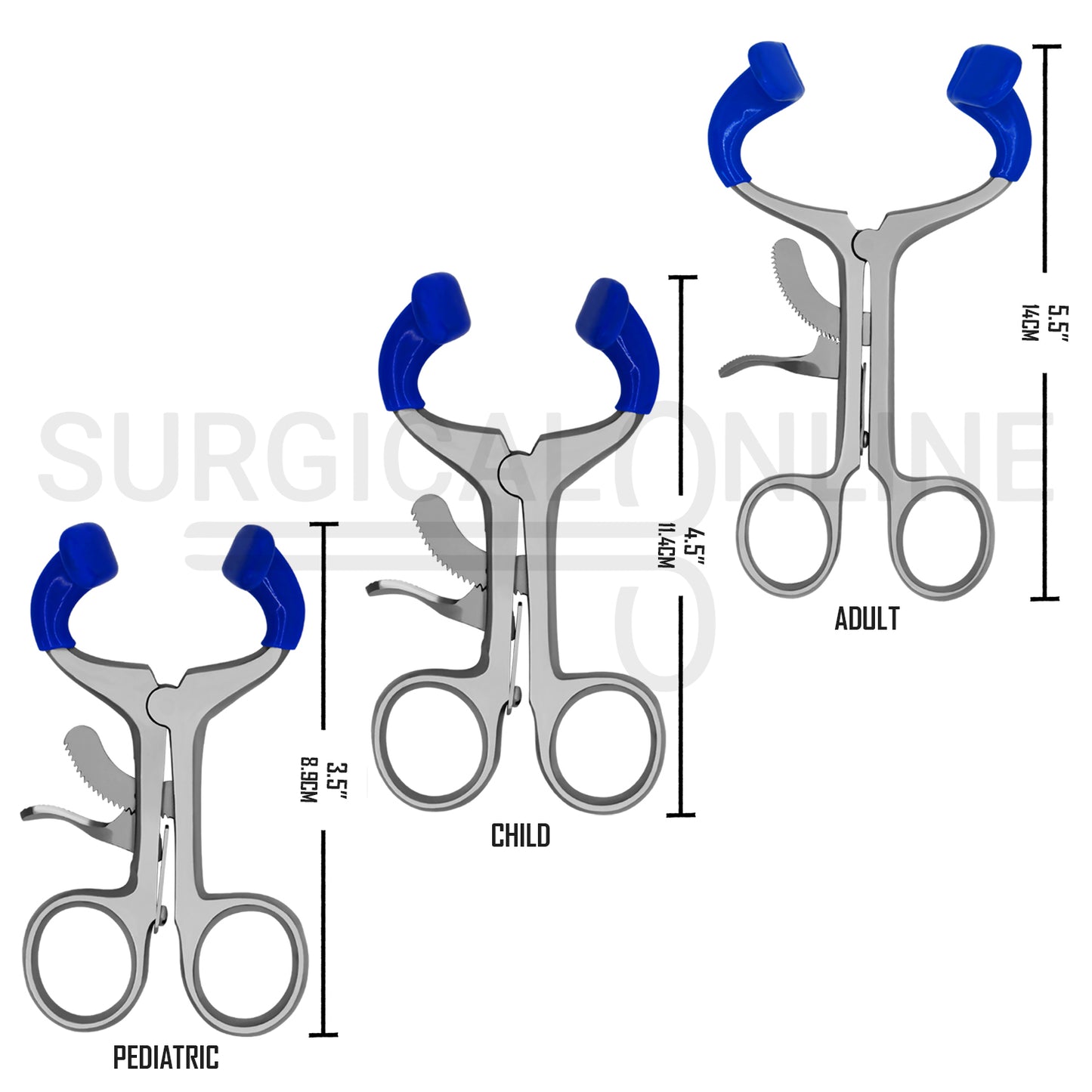 3 Pcs Molt Mouth Gag Retractor 3.5″, 4.5″ & 5.5″ With Blue PVC Tips Set