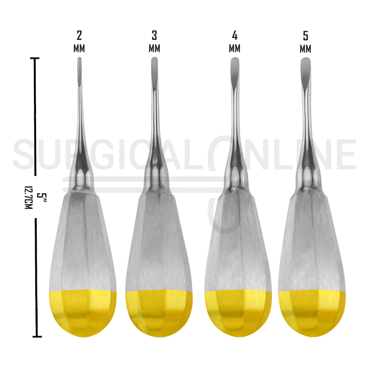 4 Pcs Luxating Elevator 2, 3, 4 & 5mm Straight Tip 5″ Half Gold Handle Set