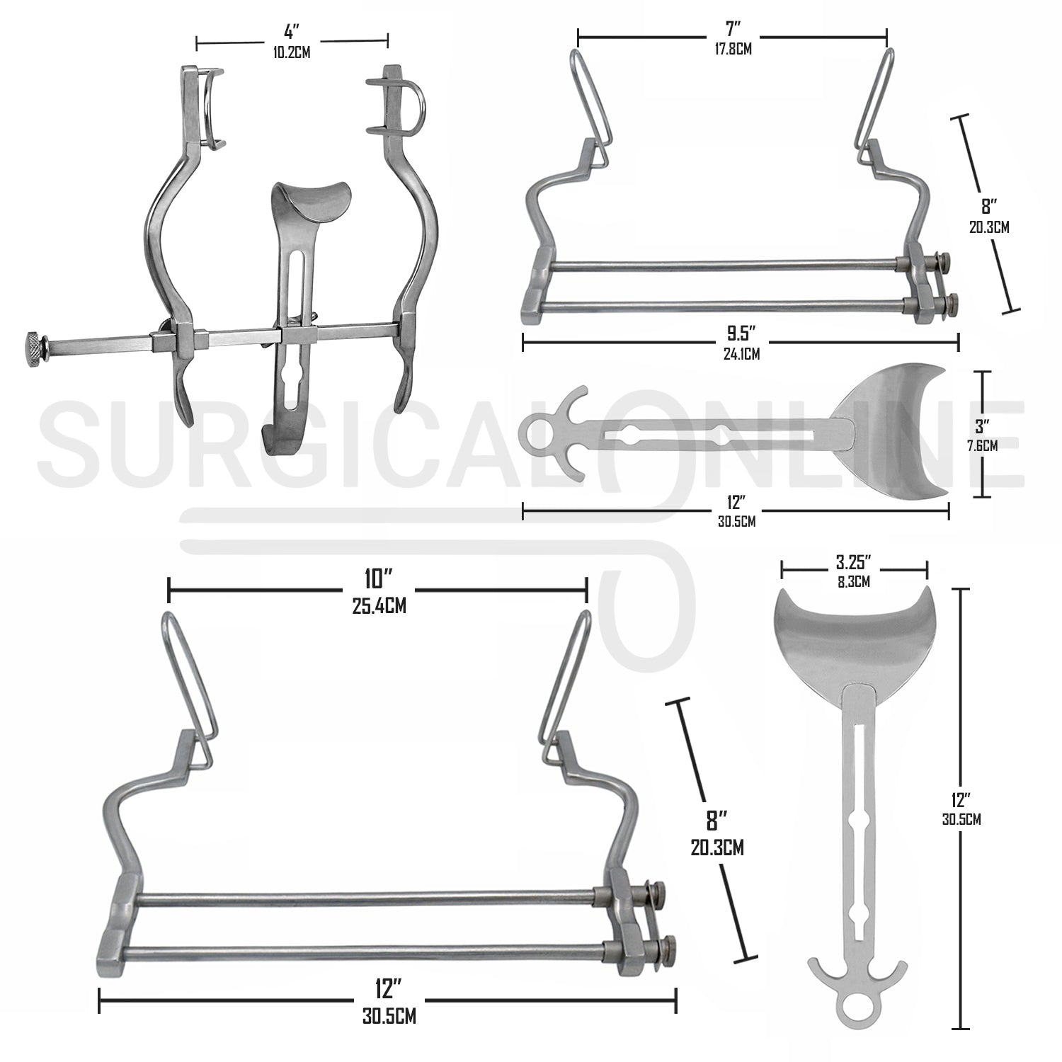 3 Pcs Balfour Abdominal Retractor 4.00" 7.00" & 10.00" Spread Set