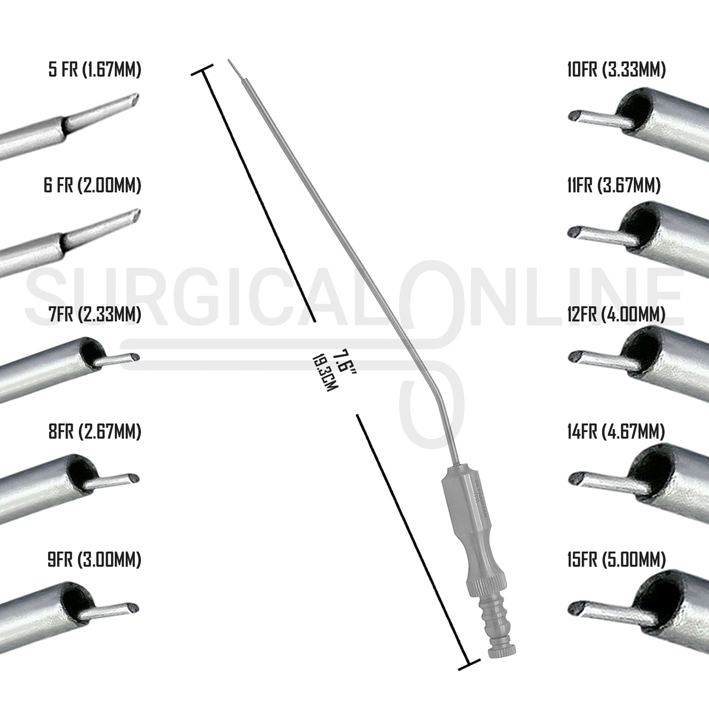 10 Pcs Frazier Suction Tubes 5, 6, 7, 8, 9, 10, 11, 12. 14 & 15 FR 7.6" Aspirator Set