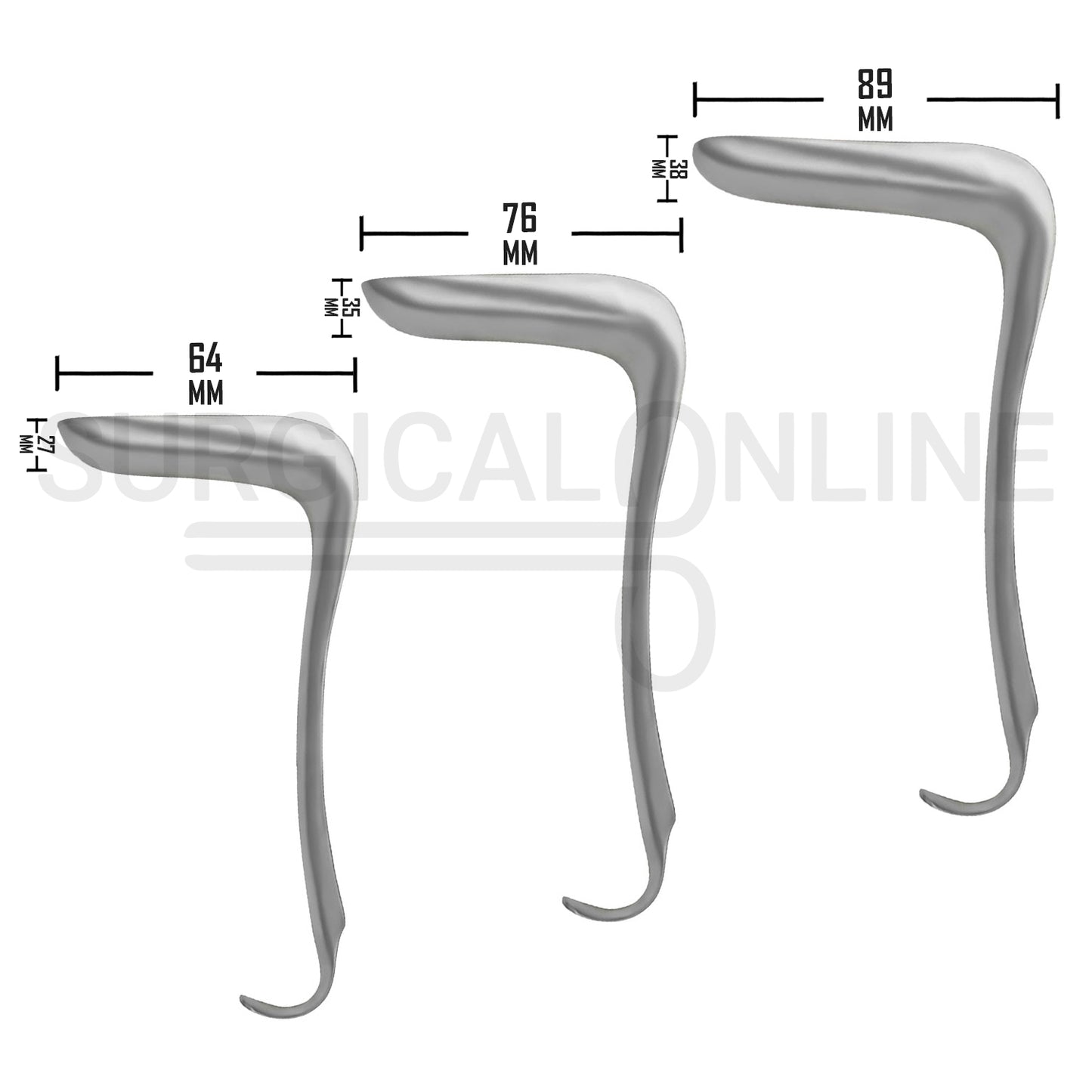 3 Pcs Sims Vaginal Speculum Single-Ended Small, Medium & Large Set