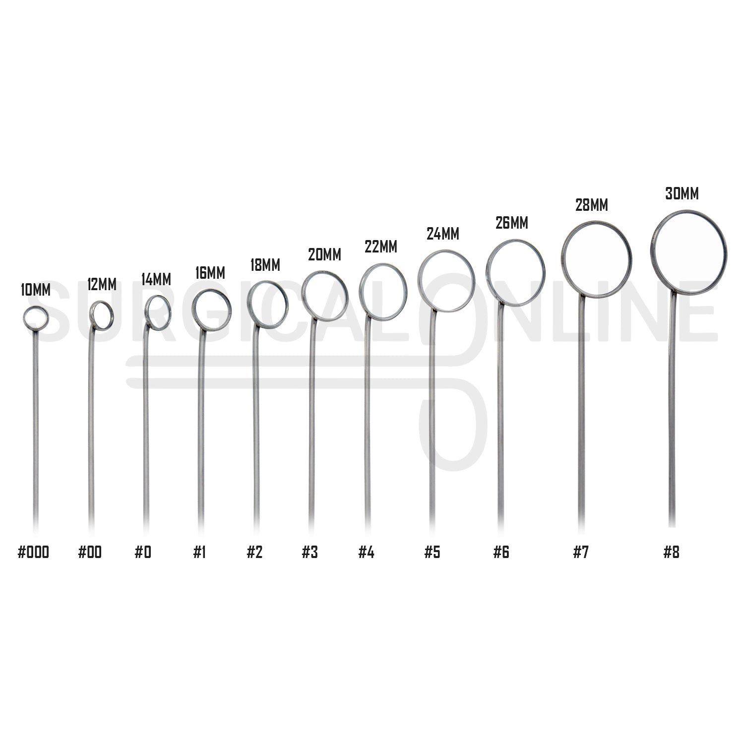 11 Pcs Laryngeal Mirrors #000–#8 Angled Mirror With Long Grip Handle Set