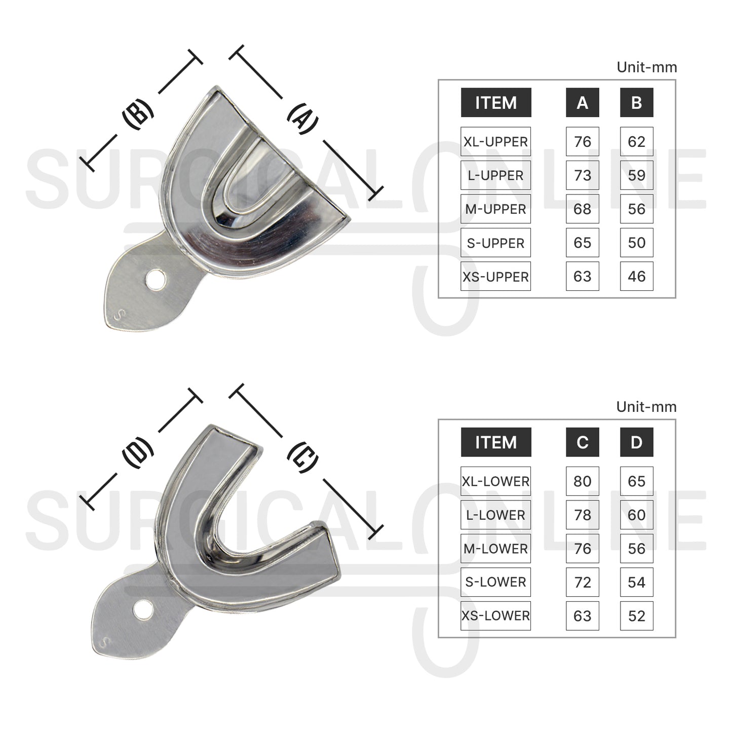 10 Dental Impression Tray Set Solid XS, S, M, L & XL