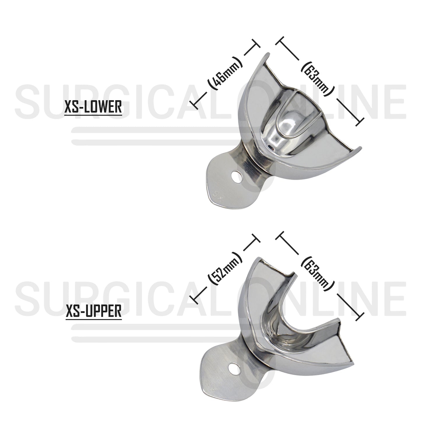 Pack of 2 Dental Metal Impression Trays XS Upper Lower - Solid