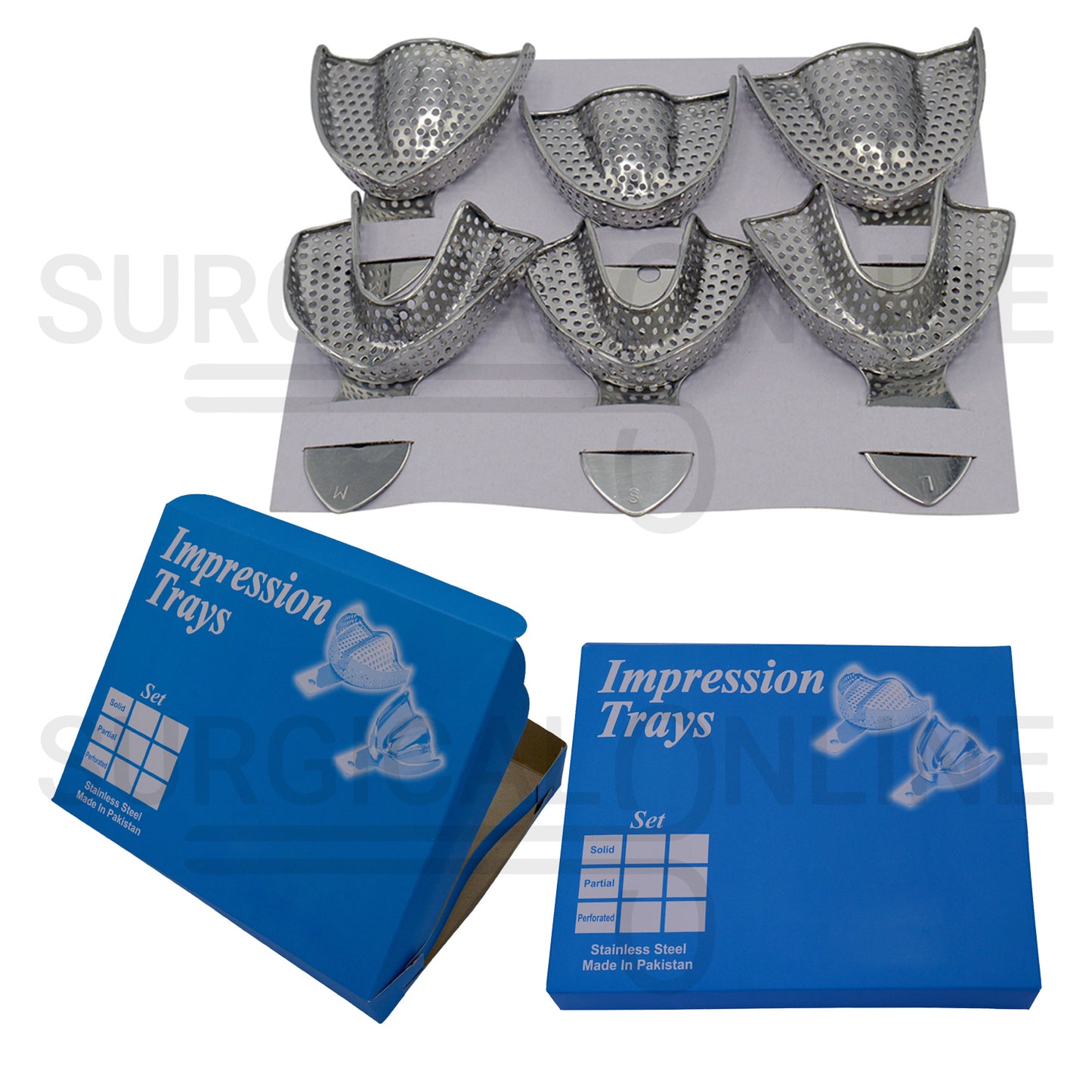 6 Metal Dental Impression Trays S, M, L Perforated Set