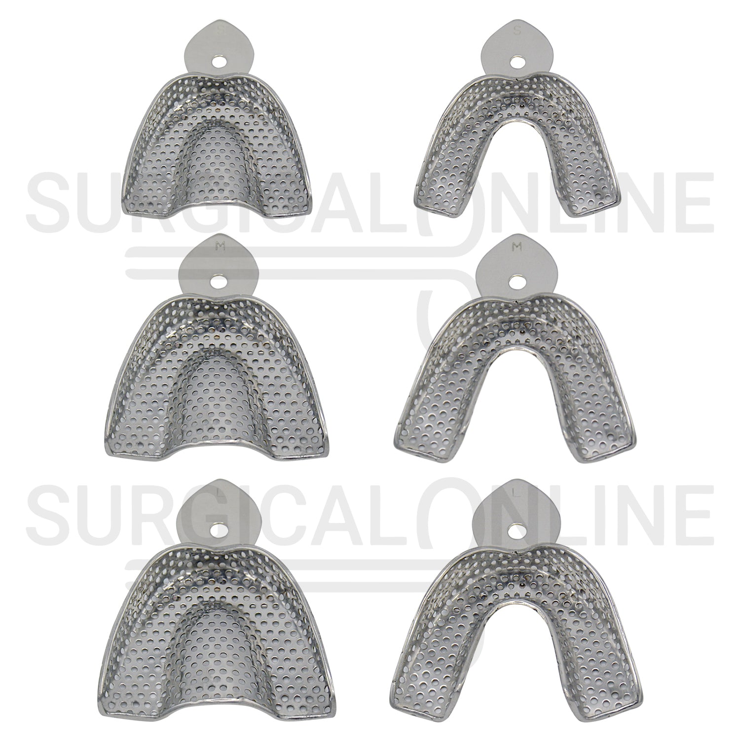 6 Metal Dental Impression Trays S, M, L Perforated Set
