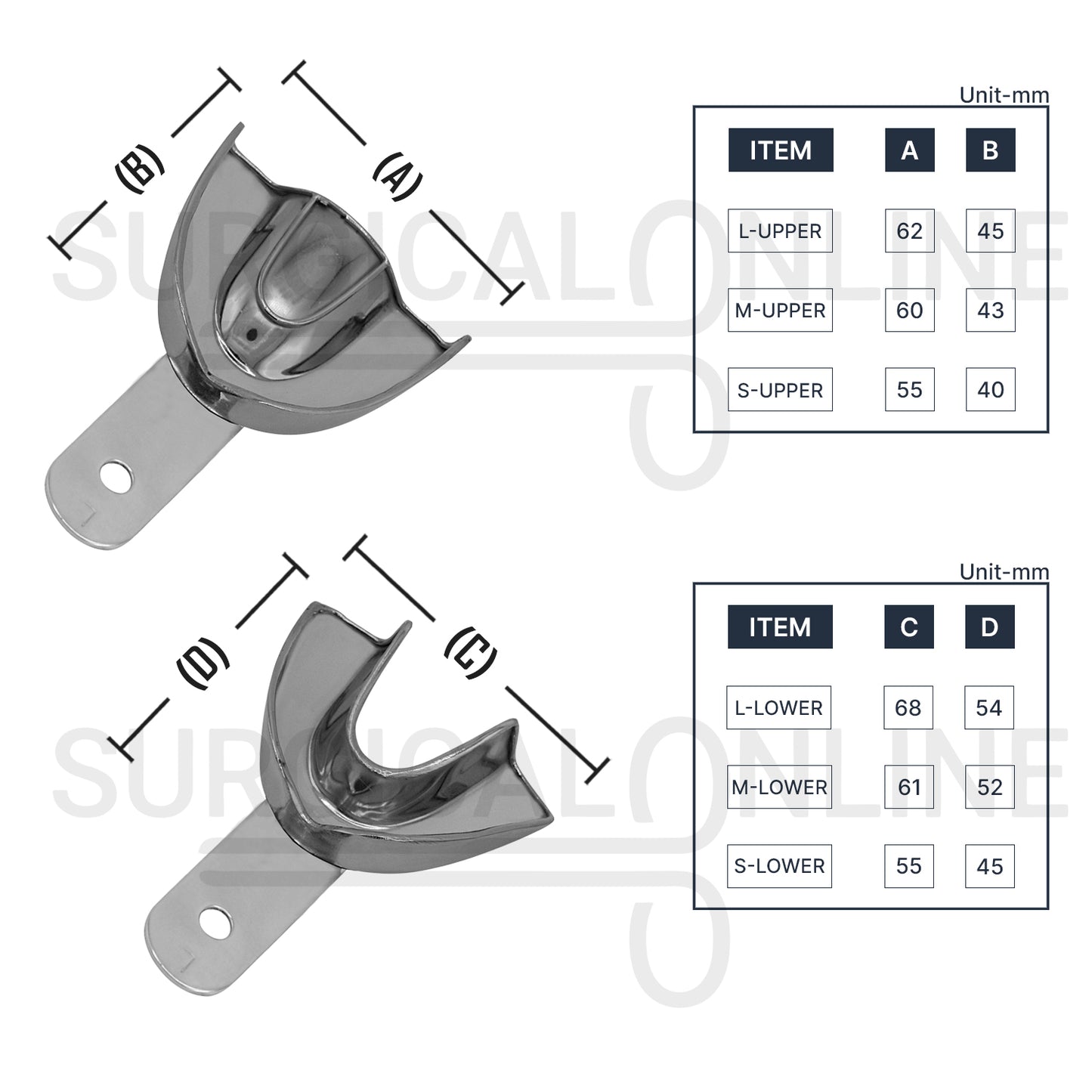 6 Pcs Pedo Metal Impression Trays Solid Set S, M & L