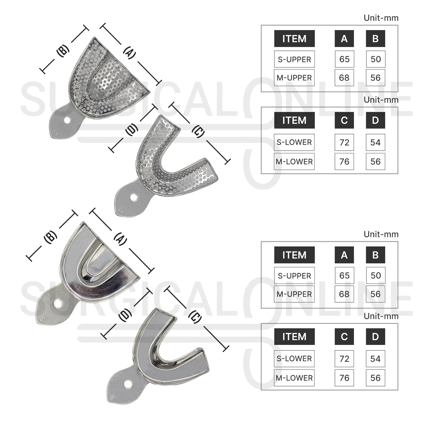 8 Metal Impression Trays Small & Medium Solid+Perforated