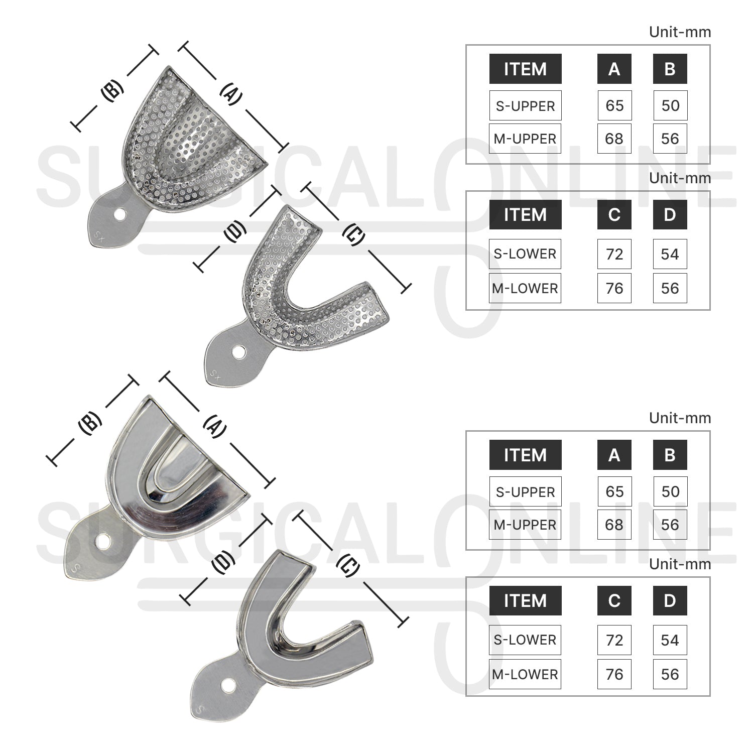 8 Metal Impression Trays Small & Medium Solid+Perforated