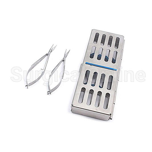 2 Castroviejo Micro Scissors Curved+Straight Tip 4.5" W/Sterilization Cassette