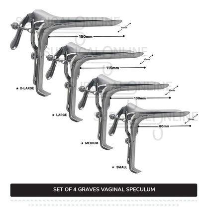 Set of 4 Pcs Grave Vaginal Speculum Small, Medium, Large, & X-Large OB/Gyne Surgical