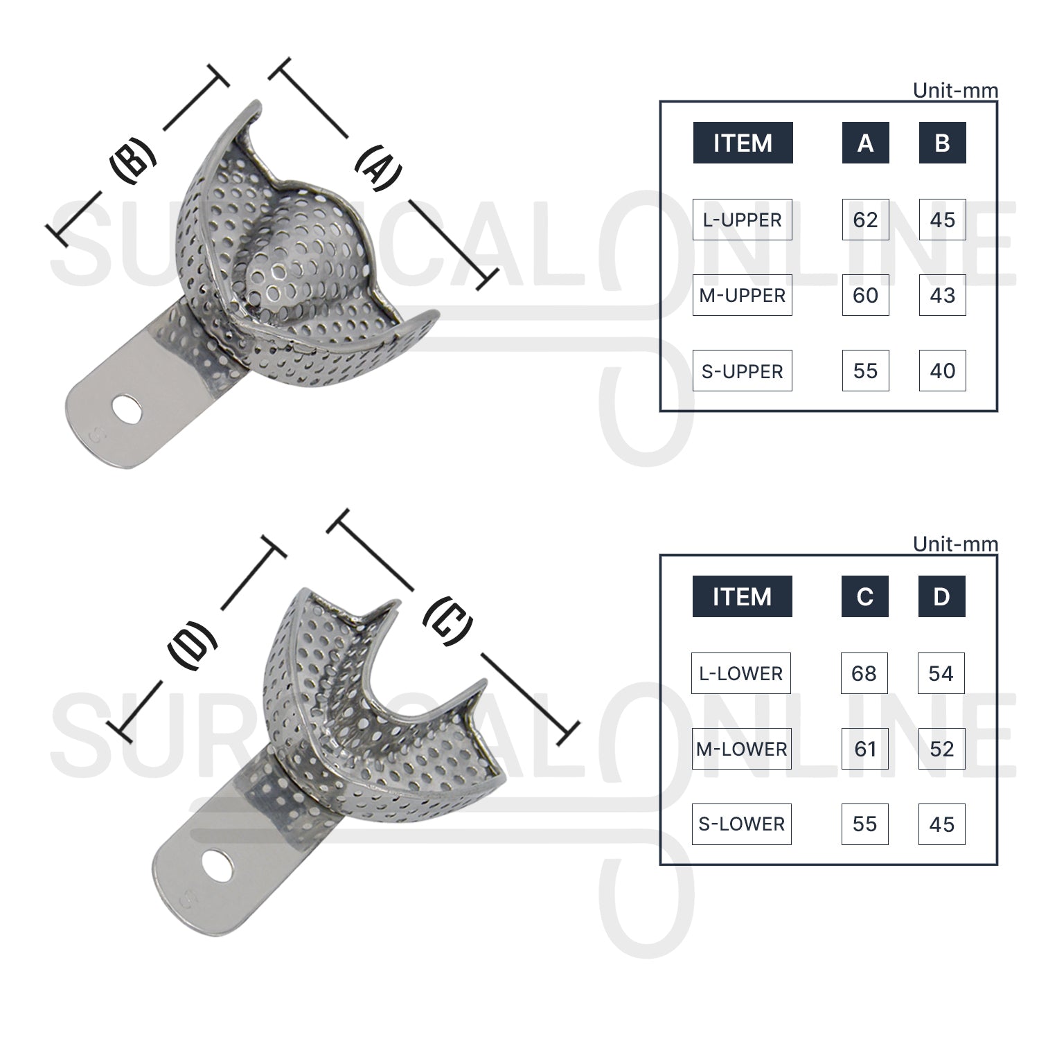 6 Pcs Pedo Metal Impression Trays Perforated Set S, M & L